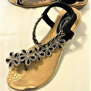 Black & Gold Floral Rhinestone Slingback Sandal